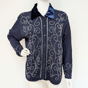 Vintage Navy Blue Beaded Button Up Cardigan Sweater With Velvet Collar